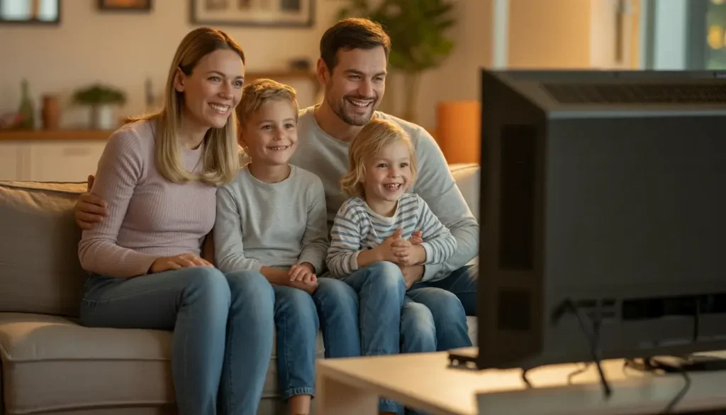 Eine glückliche Familie schaut kindgerechtes IPTV im Wohnzimmer