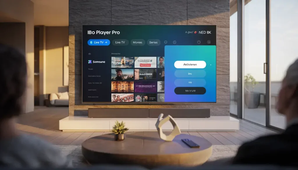 IBO Player Pro App Startbildschirm auf Samsung Smart TV im Wohnzimmer