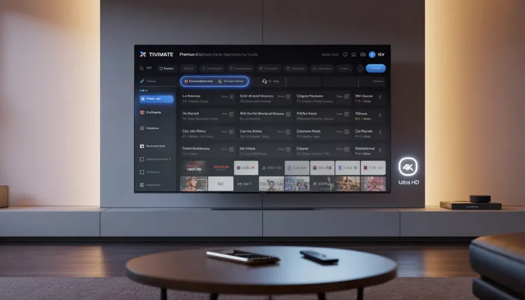 TiviMate Premium App Interface mit EPG auf Android TV im Wohnzimmer